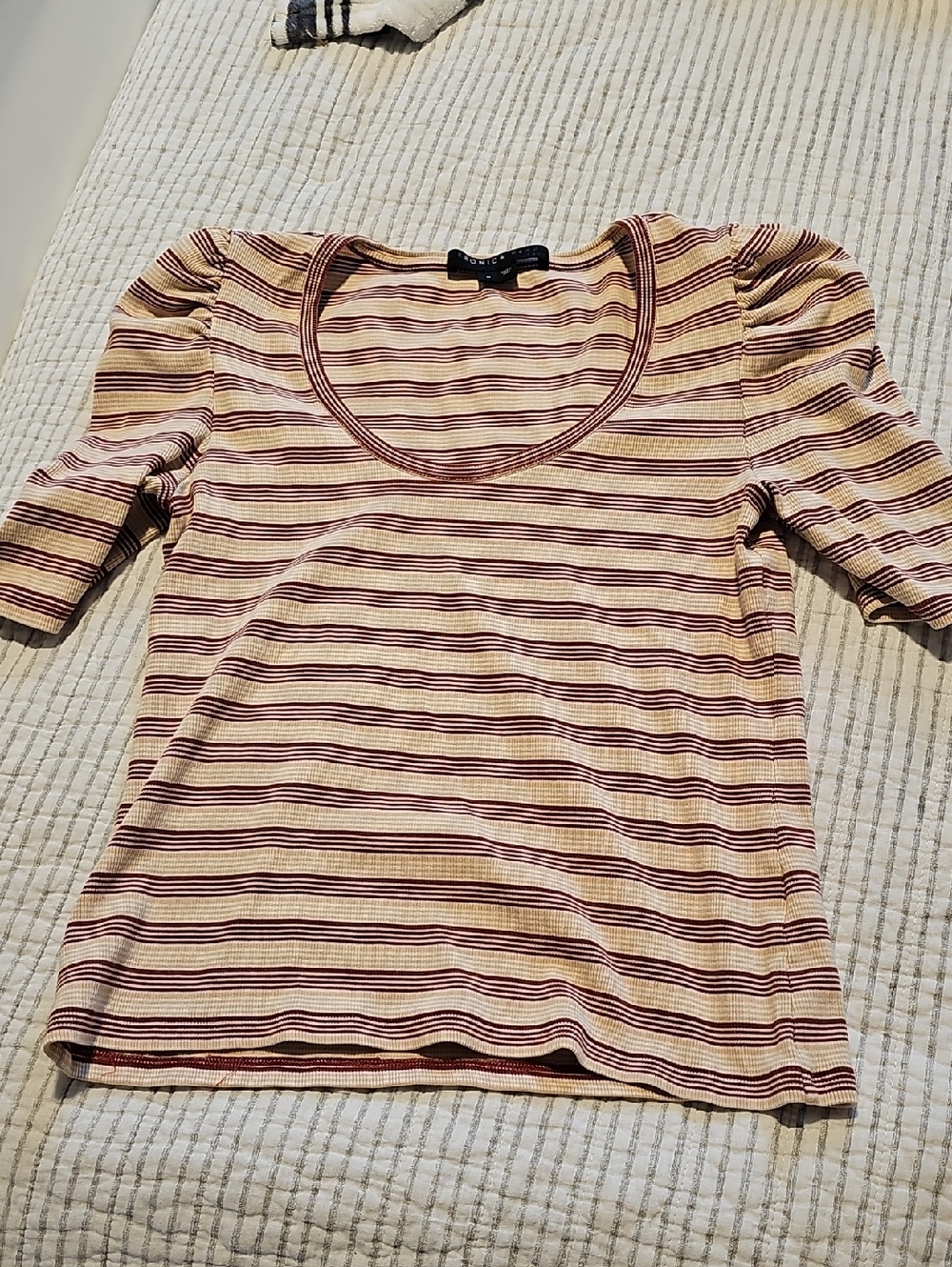 Veronica Beard Striped Scoop Neck Puff Sleeve Top - Cream & Burgundy
